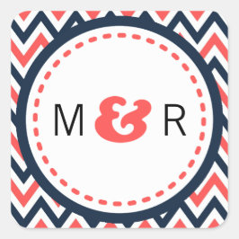 Moderne Hochzeiten von Navy & Coral Zickzack & Lov Quadratischer Aufkleber