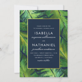 Moderne Hochzeiten von Navy & Green Tropical Blätt Einladung