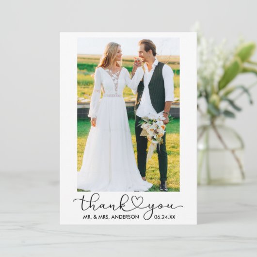 Moderne Hochzeitkalligrafie Herzskript-Foto Dankeskarte (Stehend Vorderseite)