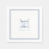 Moderne Hochzeitnamen und Datum Monogramm blau wei Serviette (Vorderseite)