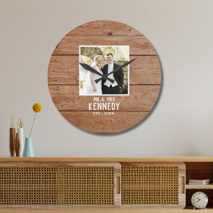 Moderne Hochzeits-Foto-Licht Braun Holz Farmhaus Große Wanduhr