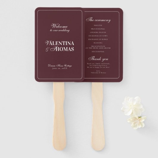 Moderne Hochzeits-Programm-Handfächer im burgundis Fächer (Vorne und Hinten)