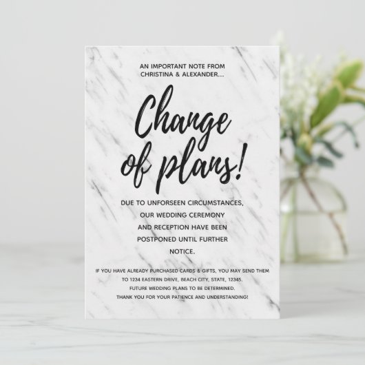 Moderne Hochzeitsänderung von Plänen verschoben st Einladung (Stehend Vorderseite)