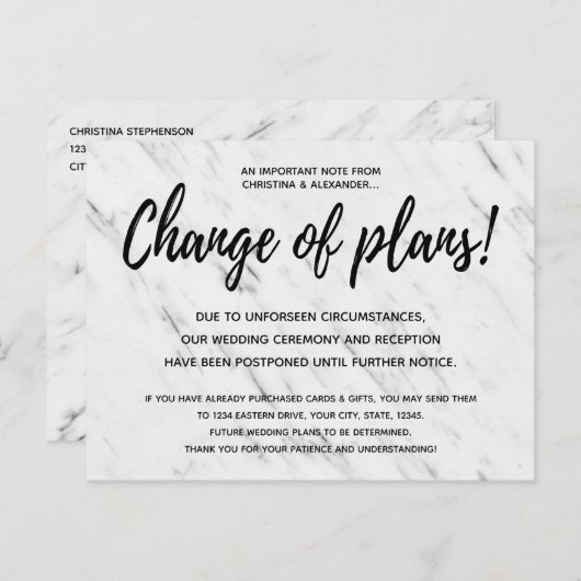 Moderne Hochzeitsänderung von Plänen verschoben st Postkarte (Vorne/Hinten)