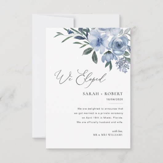 Moderne Hochzeitsankündigung mit staubblauer Schri Dankeskarte (Vorderseite)