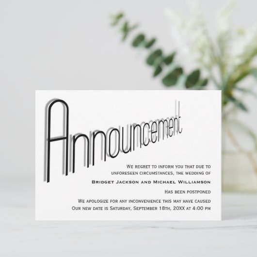 Moderne Hochzeitsankündigung - verschoben Save The Date (Stehend Vorderseite)