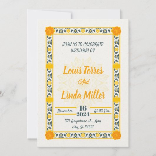Moderne Hochzeitsbeige, gelbe Blumen Einladung (Vorderseite)