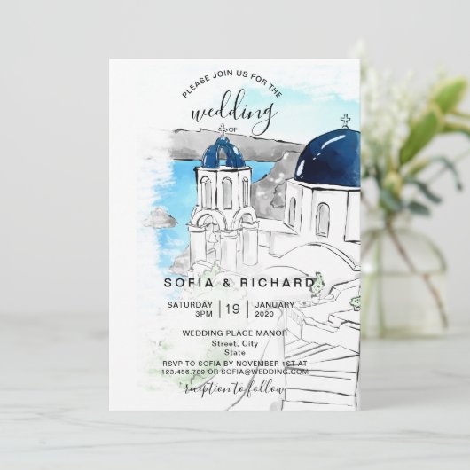 Moderne Hochzeitsdestination Grieche Insel Skiatho Einladung (Stehend Vorderseite)