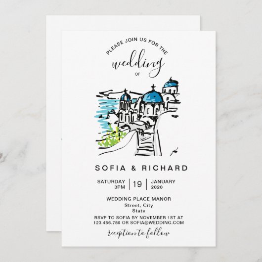 Moderne Hochzeitsdestination Grieche Insel Skiatho Einladung (Vorne/Hinten)