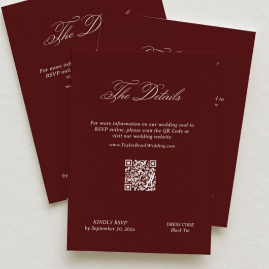 Moderne Hochzeitsdetails im Maron-Stil QR-Code Begleitkarte