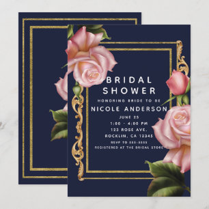 Moderne Hochzeitsdusche mit rosa Rosen, Marineblau Einladung