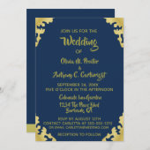 Moderne Hochzeitseinladung in Blau und Gold Einladung (Vorne/Hinten)