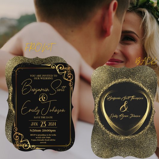 Moderne Hochzeitseinladung in Gold und Schwarz Einladung
