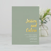 Moderne Hochzeitseinladung mit grün-goldener Schri