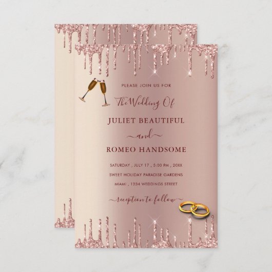 Moderne Hochzeitseinladung Rose Roush Glitzer Trop (Vorne/Hinten)