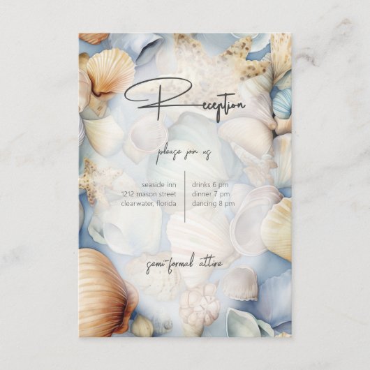 Moderne Hochzeitsempfehlung im tropischen Seashell Begleitkarte (Vorderseite)