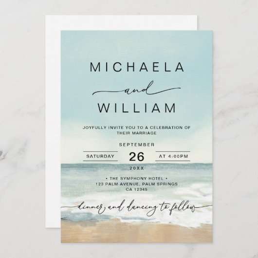 Moderne Hochzeitsfeier am Strand Einladung (Vorne/Hinten)