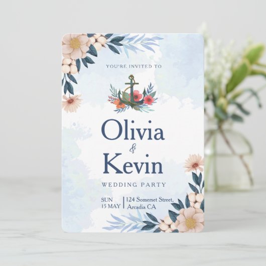 Moderne Hochzeitsfeier am Strand, tropische Hochze Einladung (Stehend Vorderseite)