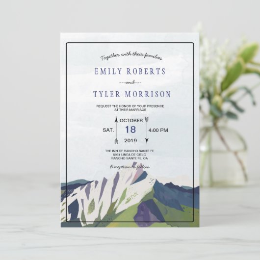 Moderne Hochzeitsfeier im Wald von Bergen Einladung (Stehend Vorderseite)