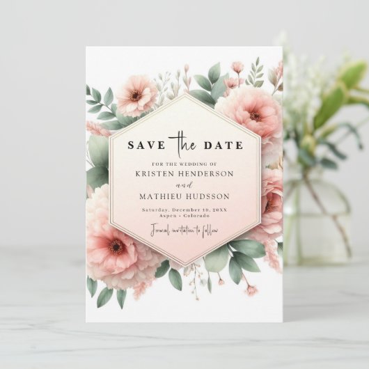 Moderne Hochzeitsfeier in Aquarellfarbe Rosa Save The Date (Stehend Vorderseite)