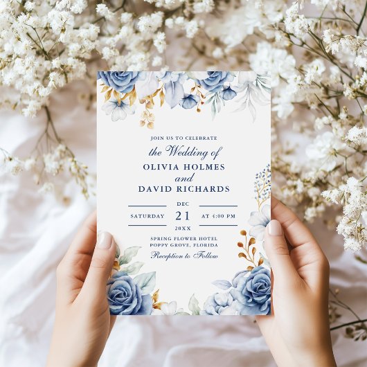 Moderne Hochzeitsfeier in Blau und Gold Einladung