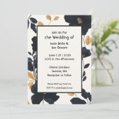 Moderne Hochzeitsfeier in Schwarz-Gelb-Wildblume Einladung (Stehend Vorderseite)