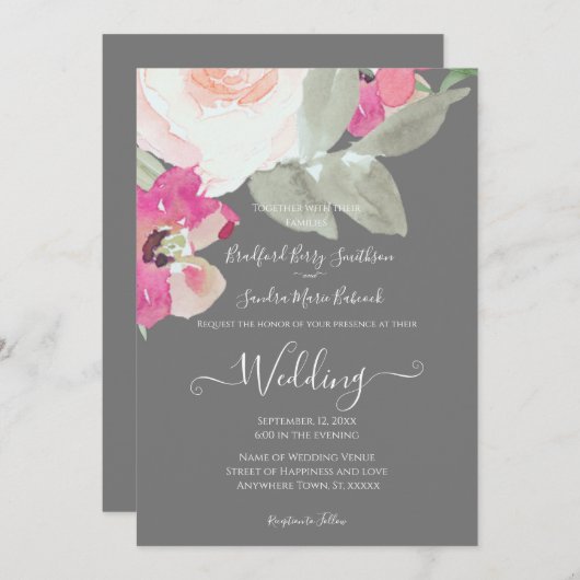 Moderne Hochzeitsfeier in Silver Gray Pink Einladung (Vorne/Hinten)