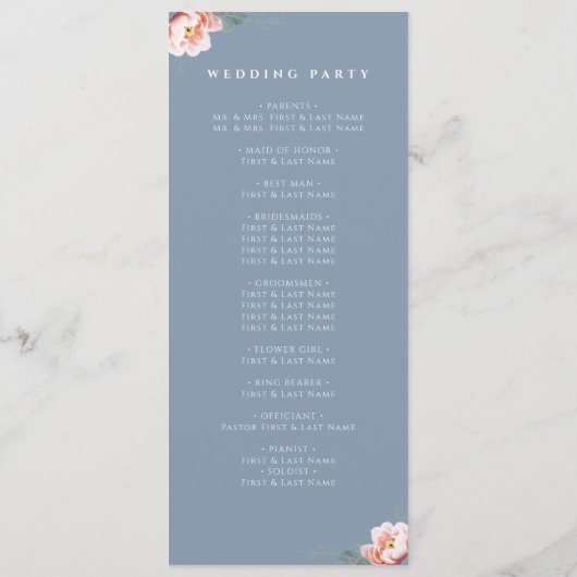 Moderne Hochzeitsfeier mit blauem Blütenblätterdac Programm (Rückseite)