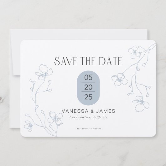 Moderne Hochzeitsfeier mit blauen Blumen Save The Date (Vorderseite)