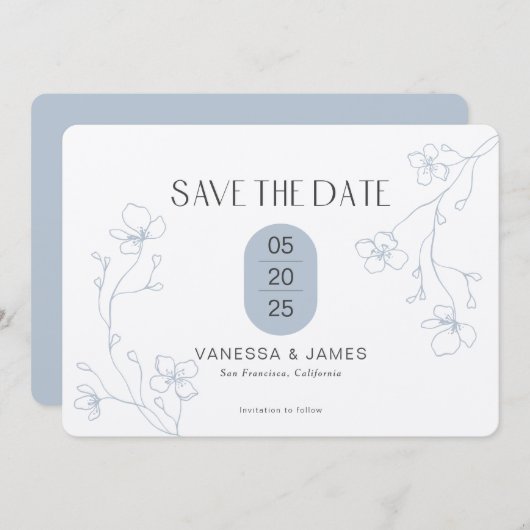 Moderne Hochzeitsfeier mit blauen Blumen Save The Date (Vorne/Hinten)