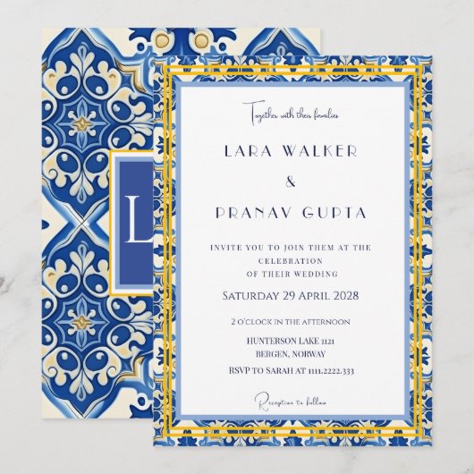 Moderne Hochzeitsfeier mit blauer Ästhetik Einladung (Vorne/Hinten)