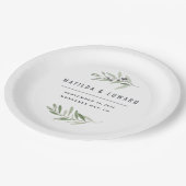 Moderne Hochzeitsfeier mit minimalem Olivenzweig Pappteller (Schrägansicht)