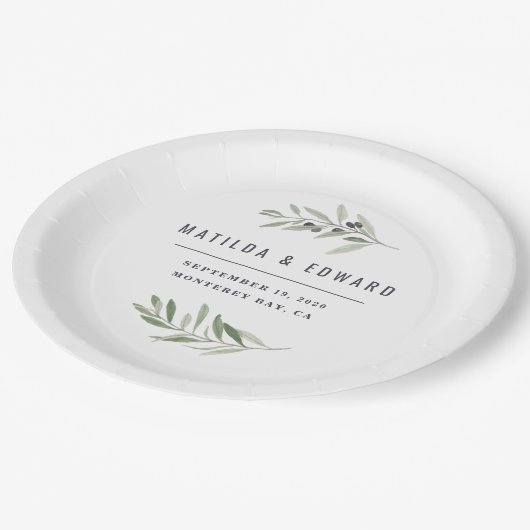 Moderne Hochzeitsfeier mit minimalem Olivenzweig Pappteller (Schrägansicht)