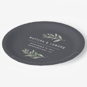 Moderne Hochzeitsfeier mit minimalem Olivenzweig Pappteller (Schrägansicht)