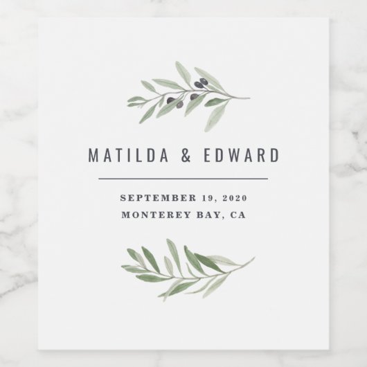 Moderne Hochzeitsfeier mit minimalem Olivenzweig Weinetikett (Einzelnes Label)