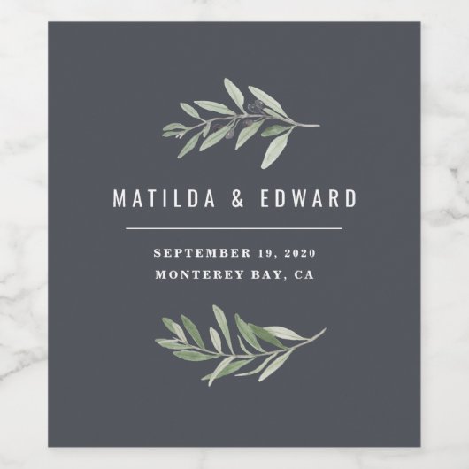 Moderne Hochzeitsfeier mit minimalem Olivenzweig Weinetikett (Einzelnes Label)