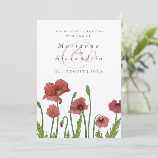 Moderne Hochzeitsfeier mit rotem Mohn Einladung (Stehend Vorderseite)