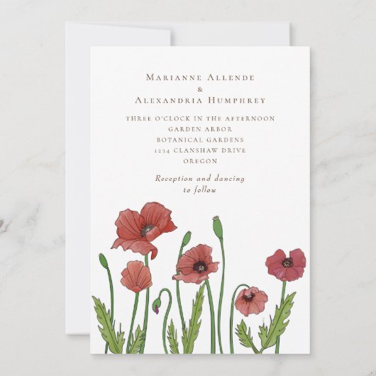 Moderne Hochzeitsfeier mit rotem Mohn Einladung (Rückseite)