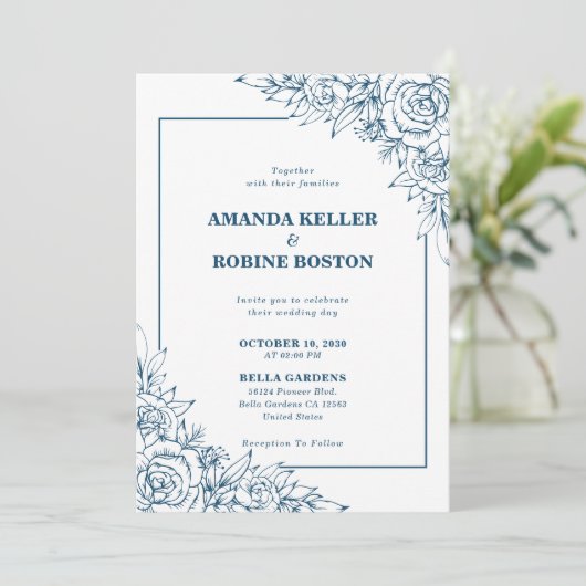 Moderne Hochzeitsfeier unter blauem Flor Einladung (Stehend Vorderseite)