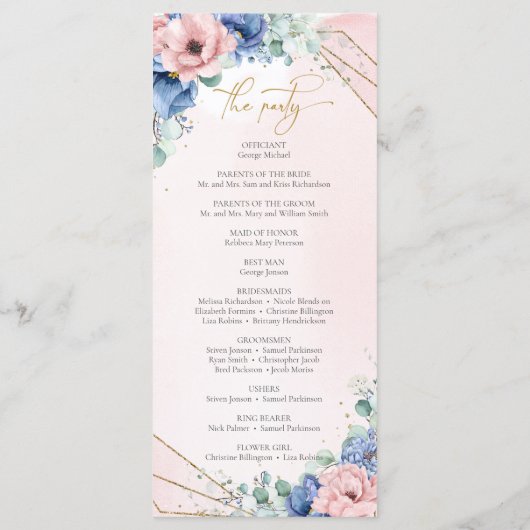 Moderne Hochzeitsfeiern in Rose und Blau Programm (Rückseite)