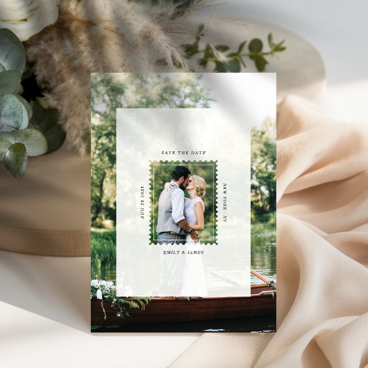 Moderne Hochzeitsfoto im Briefmarkenformat Save The Date