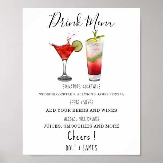 Moderne Hochzeitsgetränke Menü Cocktails Abbildung Poster (Vorne)