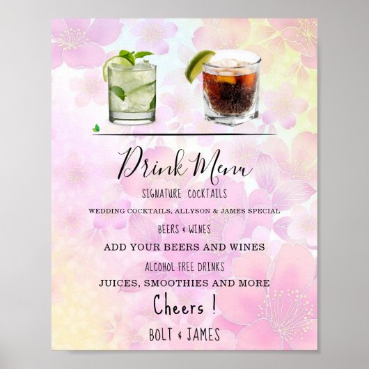 Moderne Hochzeitsgetränke Menü Cocktails Abbildung Poster (Vorne)