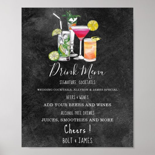 Moderne Hochzeitsgetränke Menü Cocktails Abbildung Poster (Vorne)