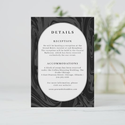Moderne Hochzeitsinformationen aus schwarzem Marmo Begleitkarte (Stehend Vorderseite)