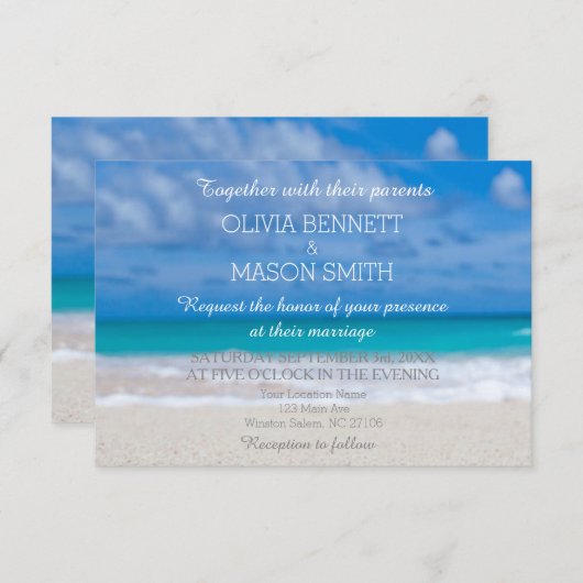 Moderne Hochzeitskarte für das tropische Ziel am M Einladung (Vorne/Hinten)