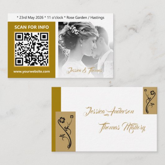 Moderne Hochzeitskarten, QR-Code, Foto, Gold Visitenkarte (Vorne/Hinten)