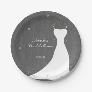 Moderne Hochzeitskleid & Goldene Herzen Junggesell Pappteller