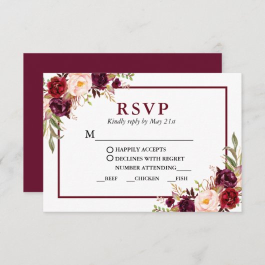 Moderne Hochzeitsmahlzeiten in Burgund RSVP Karte (Vorne/Hinten)