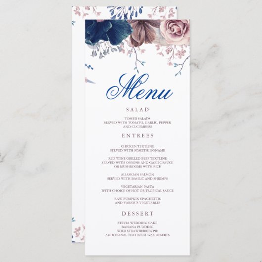 Moderne Hochzeitsmenüs von Navy Blue und Mauve Flo Programm (Vorne/Hinten)